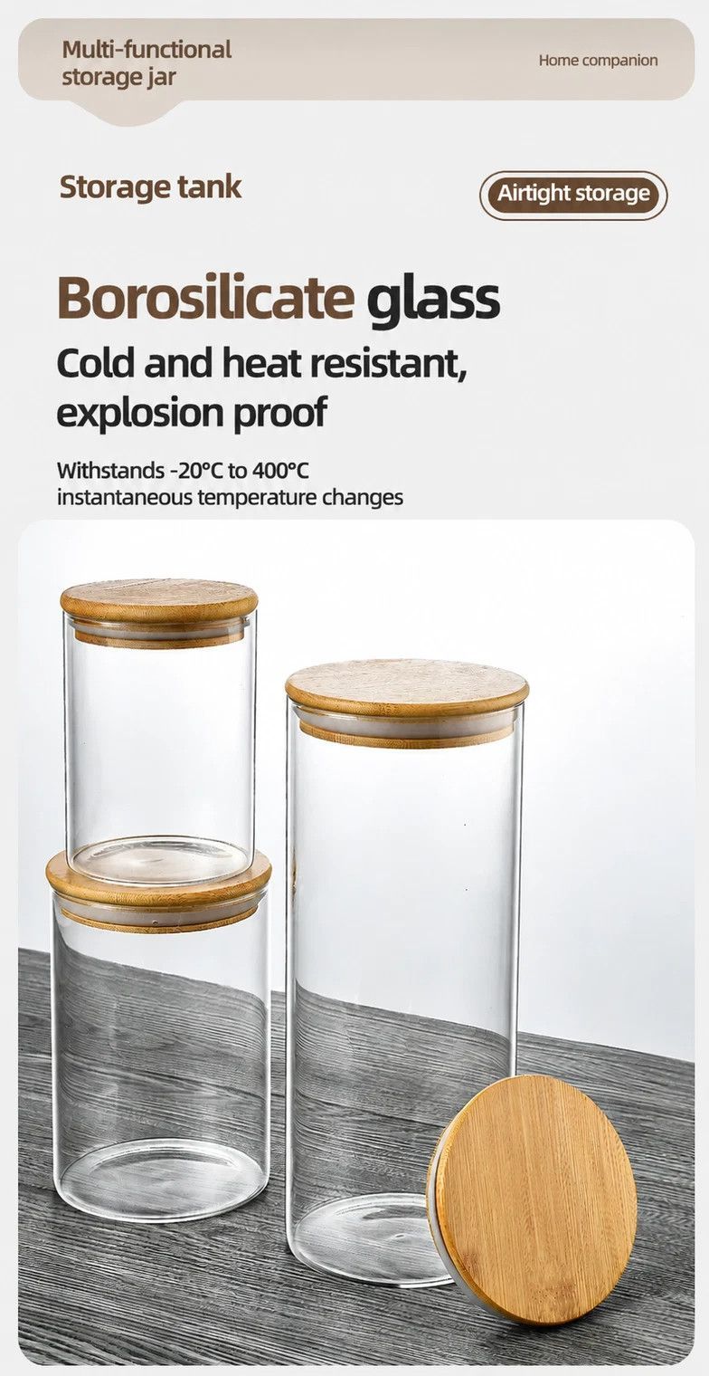 Moisture Proof Glass Storage Jar, Clear Food Canister With Natural Bamboo Cover, 5.5cm*15cm, 300ml, Wonderful New Home Gift — image 5