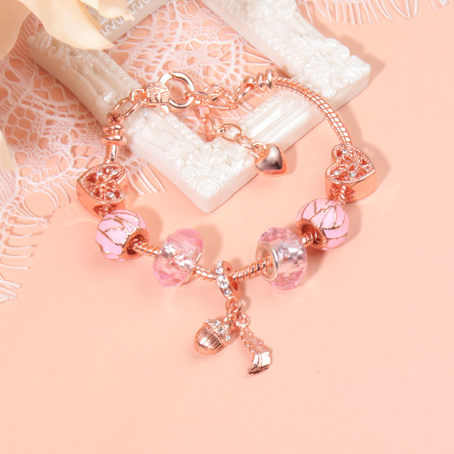 Rose Gold Charm Bracelet with Heart, Crystal, Leaf & Acorn, Colorful Beaded Jewelry for Women(16cm) โ image 2