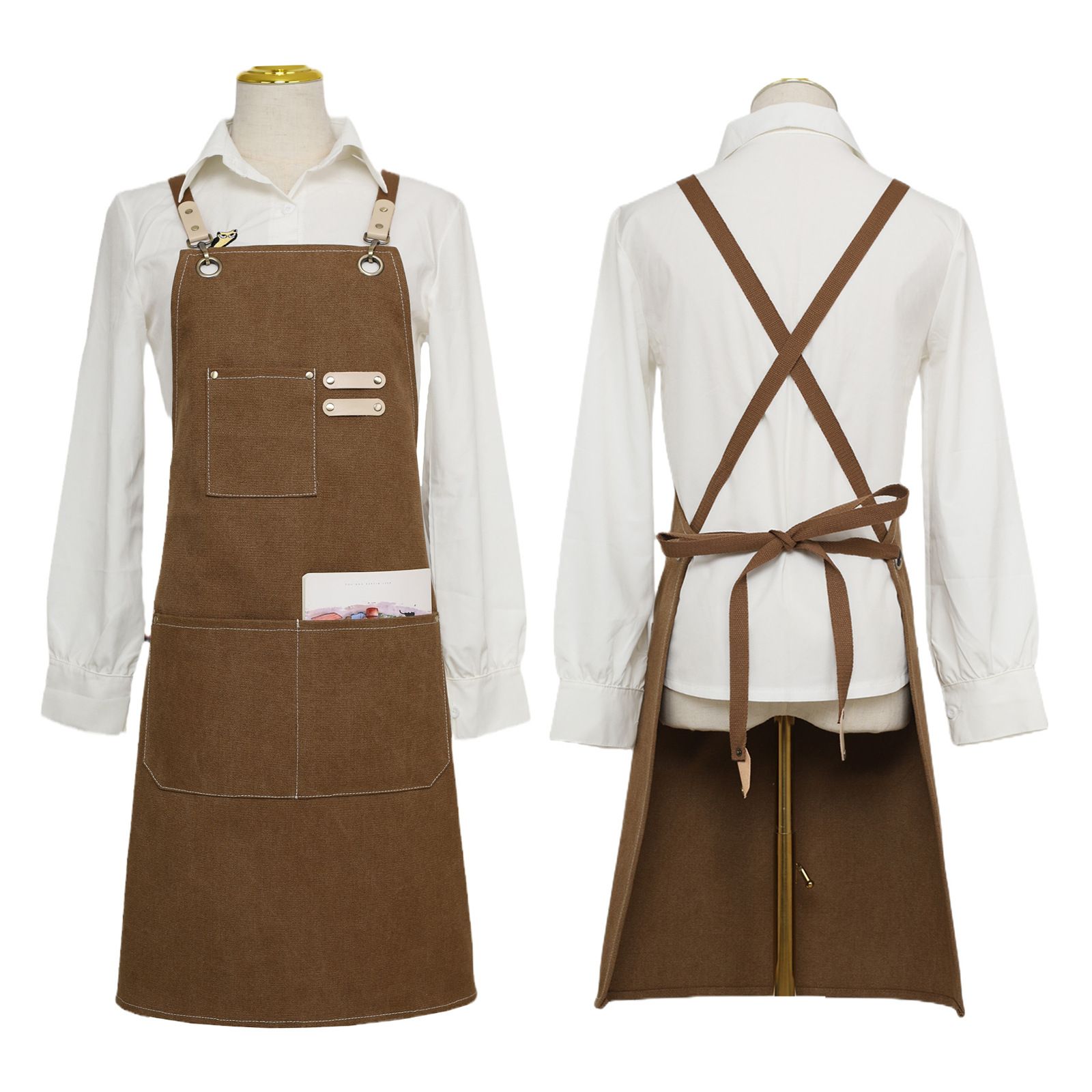 Apron Water Resistant Canvas Cross Back Adjustable Apron for Men Women Adjustable Plus Size Canvas Apron with Pockets — image 2
