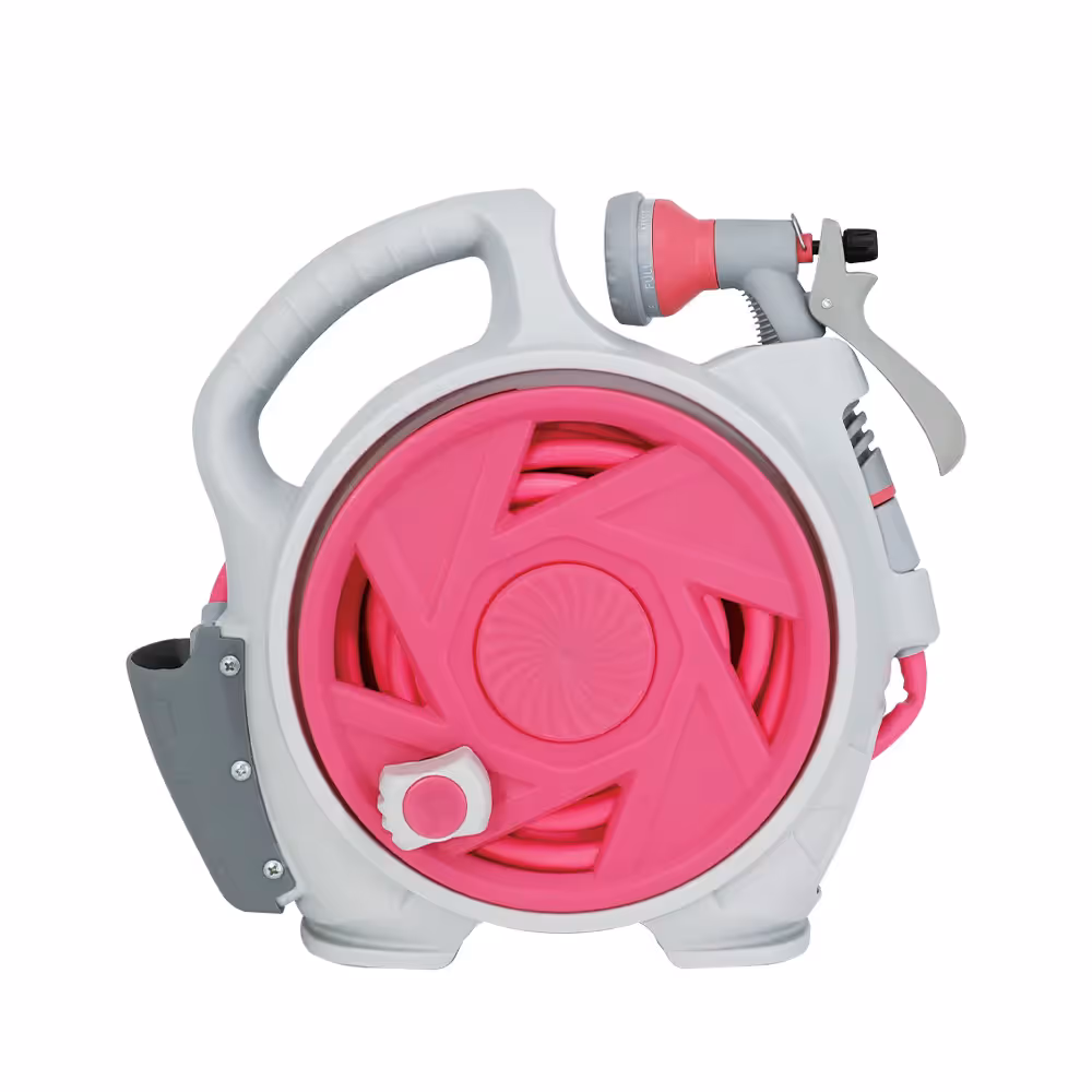 Pink Portable Hose Reel Cart with 14m Hose 7-Pattern Spray Gun Garden Watering System