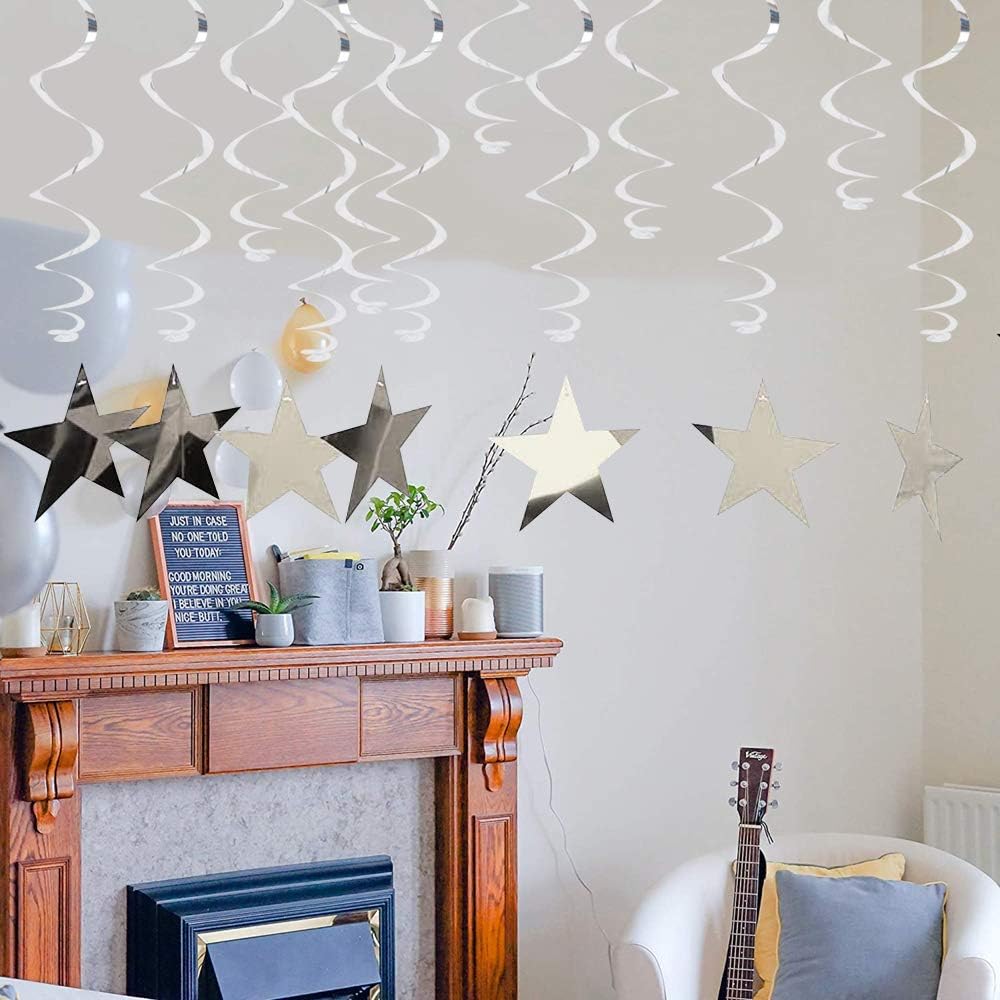 Silver Star Hanging Swirl Decorations,Hanging Silver Party Supplies for Graduation Wedding Baby Shower Decorations, Pack of 15 โ image 5
