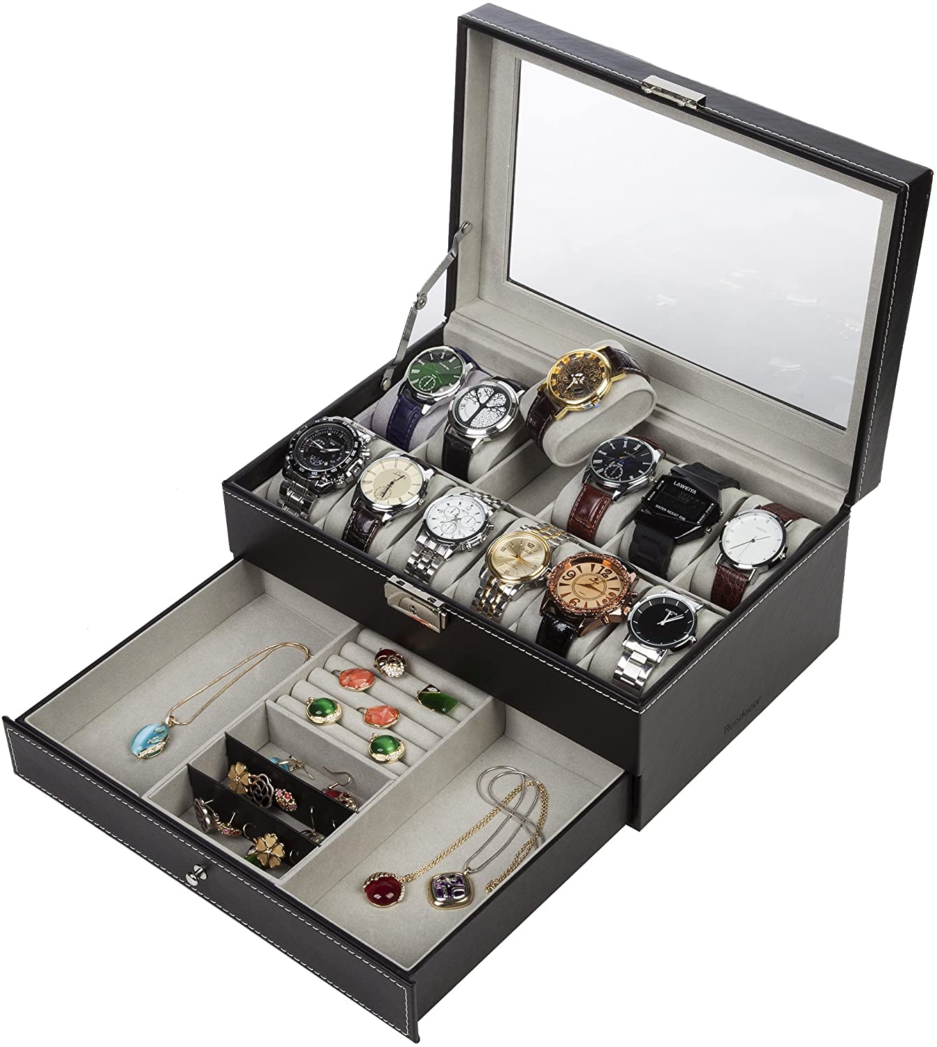Black Leather Watch Box Jewelry Display Case with Drawers (12 Slots with 2 Layers) โ image 6