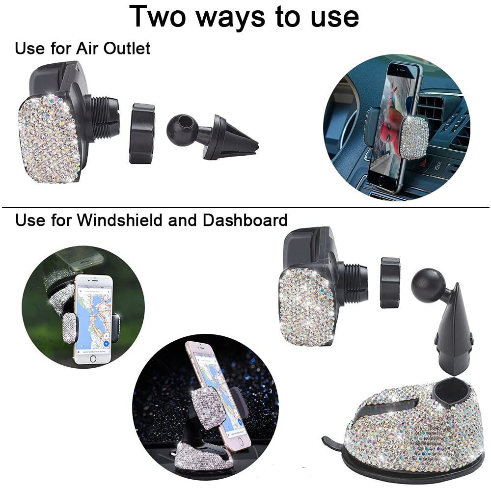 Cell Phone Holder, 360°Adjustable Phone Mount with One More Air Vent Base, Crystal Car Interior Decoration — image 3