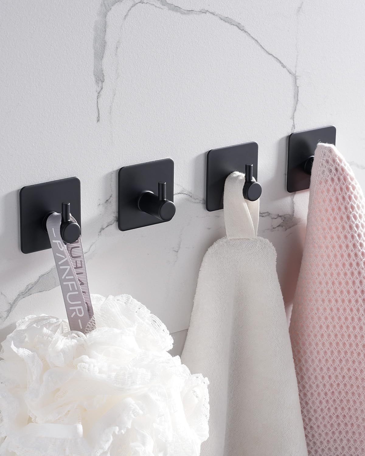 4 Pack Adhesive Hooks, Black Towel Hook for Bathrooms, Heavy Duty Stainless Steel Wall Hook, Waterproof Stick on Hook, Hooks for Hanging Robe, Key, Coat