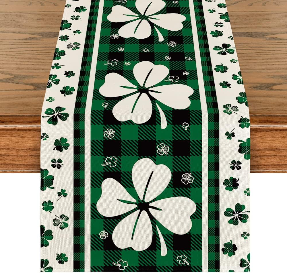 Green Clover Buffalo Plaid Shamrocks St. Patrick's Day Table Runner, Seasonal Kitchen Dining Table Decoration for Indoor Home Party 13 × 72 Inch — image 3