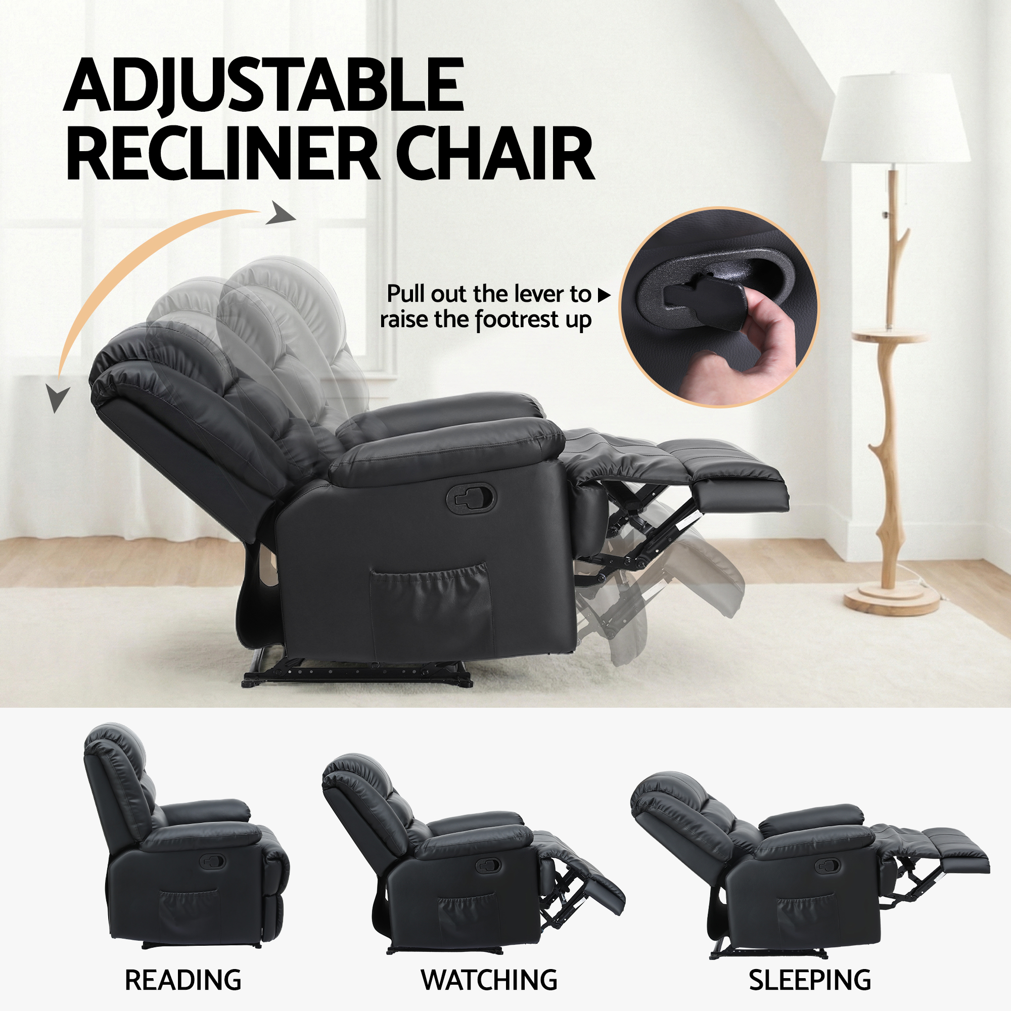 Artiss Manual Recliner Chair Leather Reclining Sofa with 16color Led Black โ image 4
