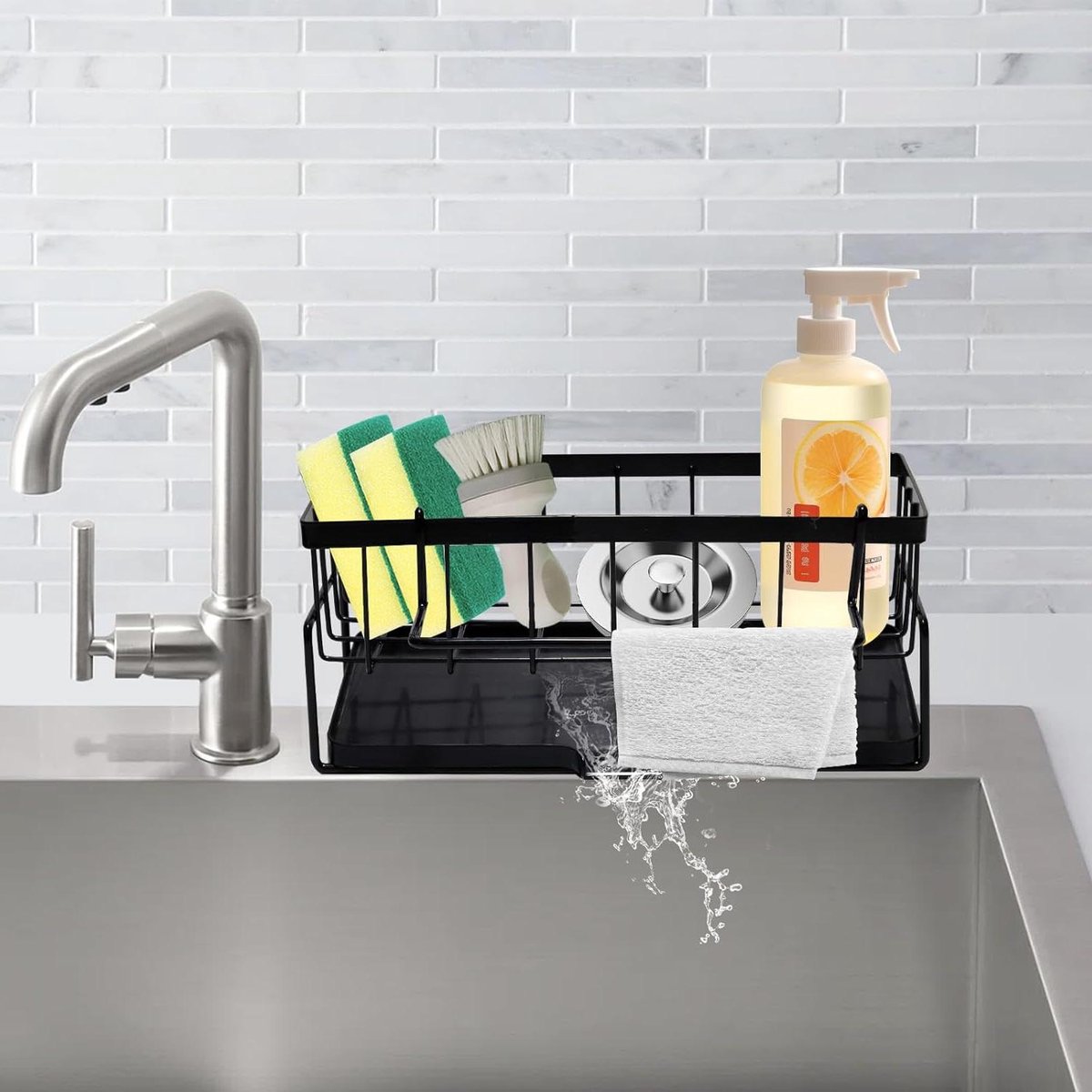 Sponge holder and organizer for sink - Draining rack and soap dish with brush holder - Kitchen storage accessories - Grey