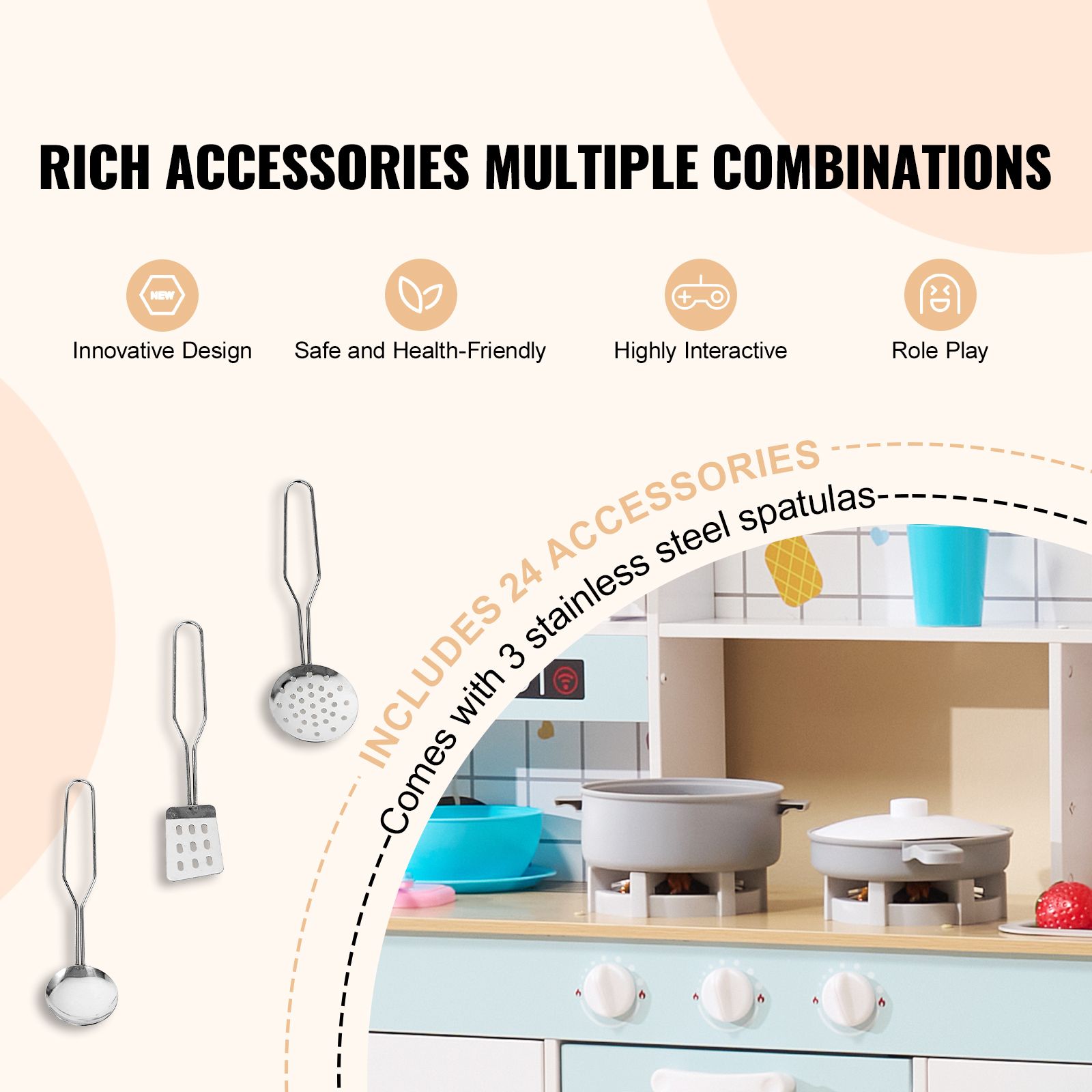 Kitchen Playset Kids Pretend Cooking Play Toy 24 Piece Accessories White โ image 2