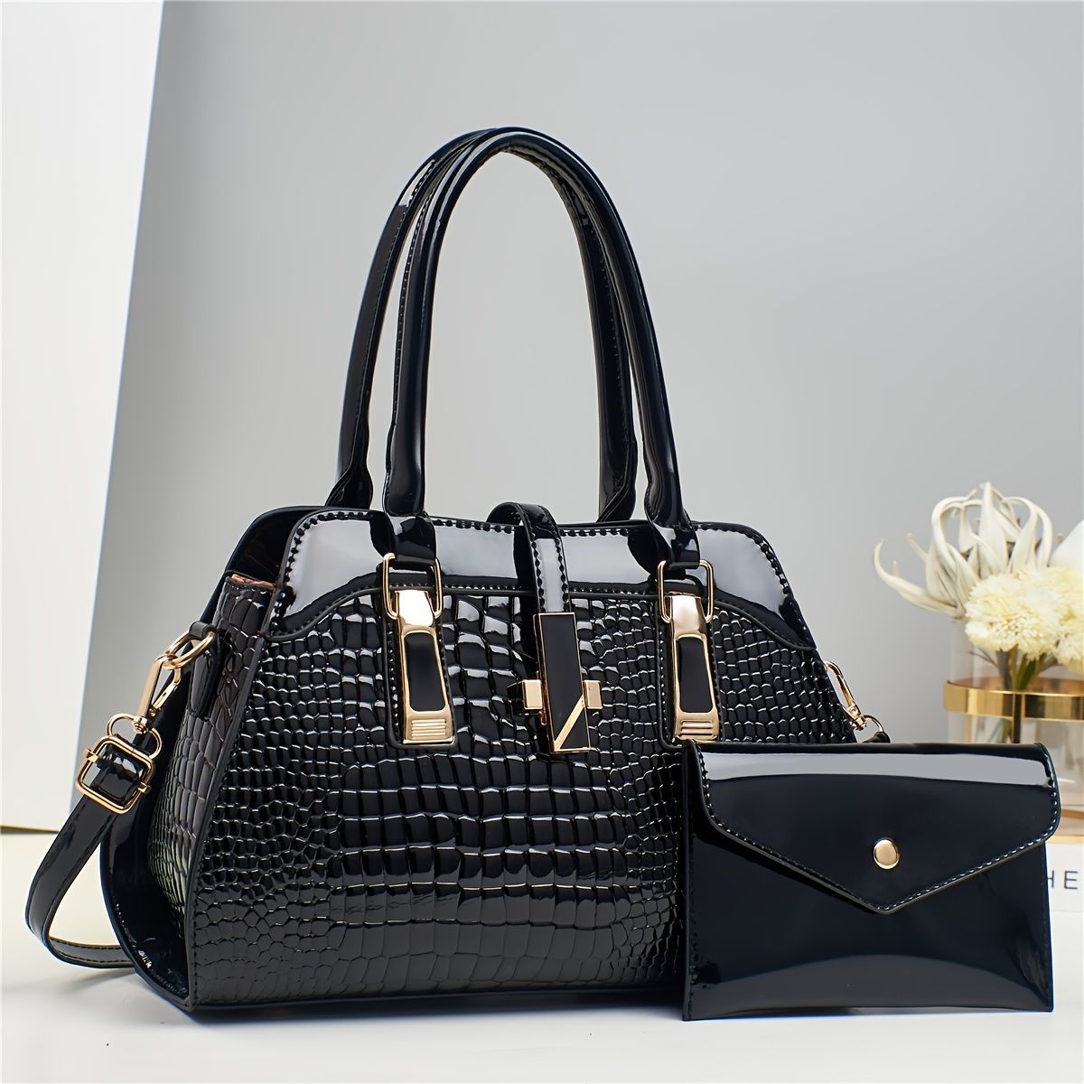 Blue Women'S Handbag Croc-Embossed Handbag Patent Leather Handbag Women'S - khaki - Size 29-13-21 — image 4