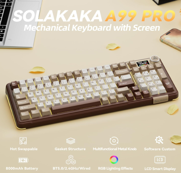 Solakaka A99PRO 3‑Mode RGB Mechanical Keyboard, Milk-Coffee-Brown — image 2