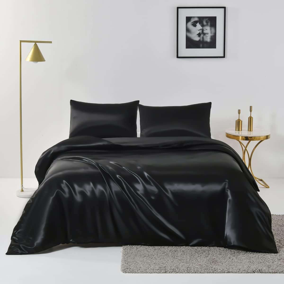Satin Quilt cover Set Hotel 3 Pieces Quilt cover with Pillowcase, Art Silk Bedding Set-Luxury Soft Silky pillowcase for Hair and Skin, Similar to Silk