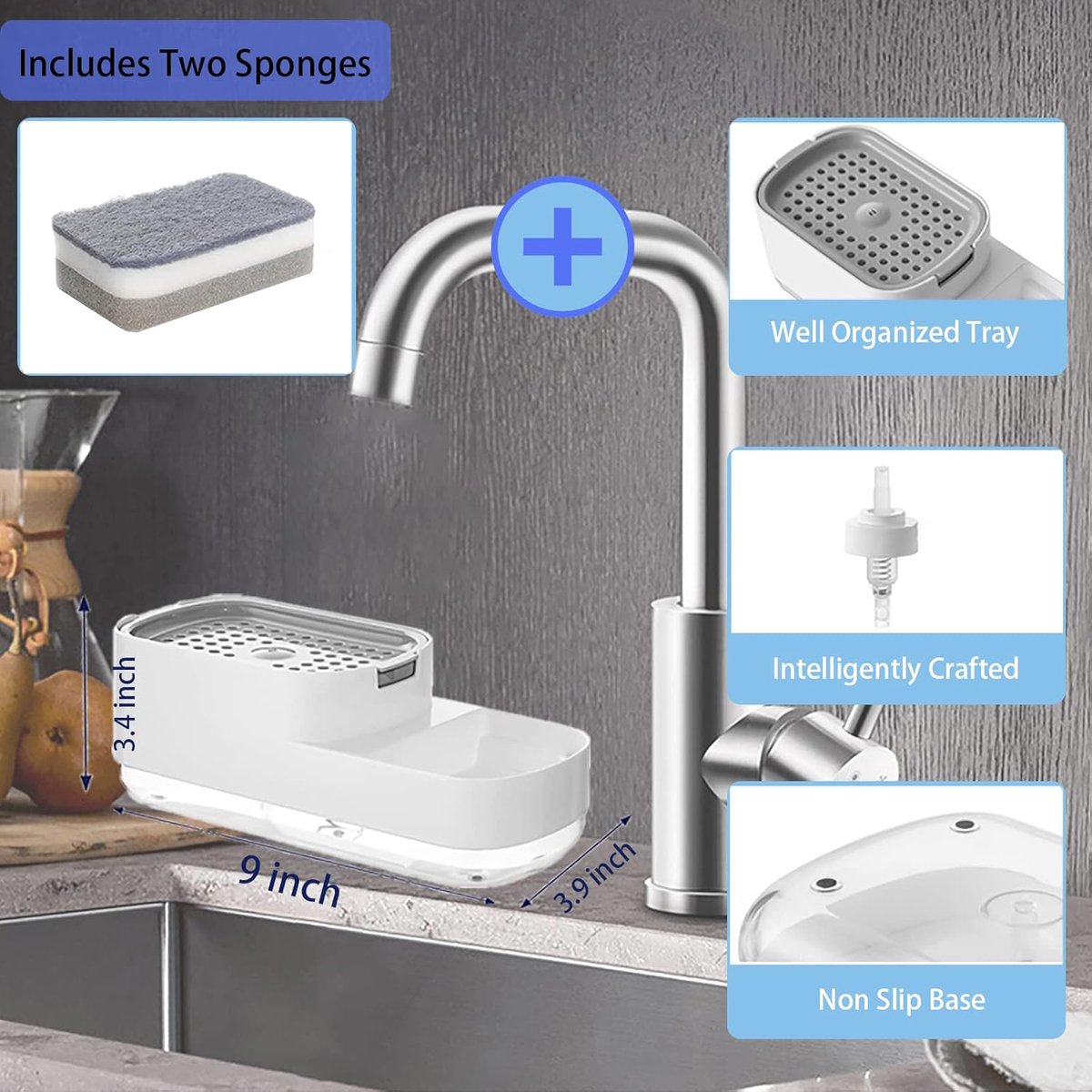Soap Pump - 2 In 1 - Sponge Holder - Soap Dispenser - Drying Rack - Includes Sponge - ABS - Countertop - Push-Type - Kitchen Accessory - Sink - Gadgets - Sink — image 5