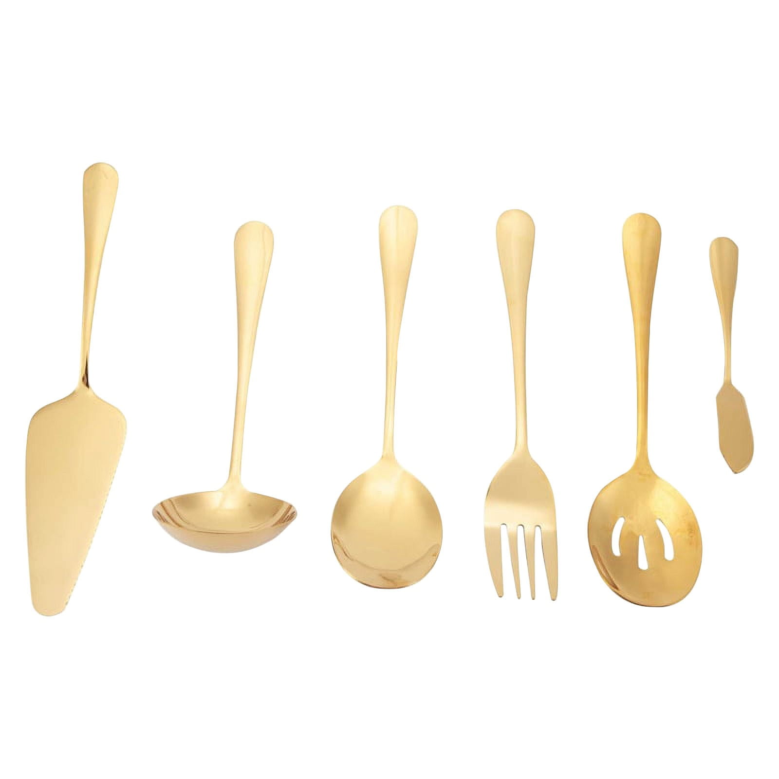 Stainless Steel Gold Serving Utensils Set of 6, Heavy Duty Metal Serving Spoons Slotted Spoons Forks Set for Catering Buffet Party Banquet Restaurant, Mirror