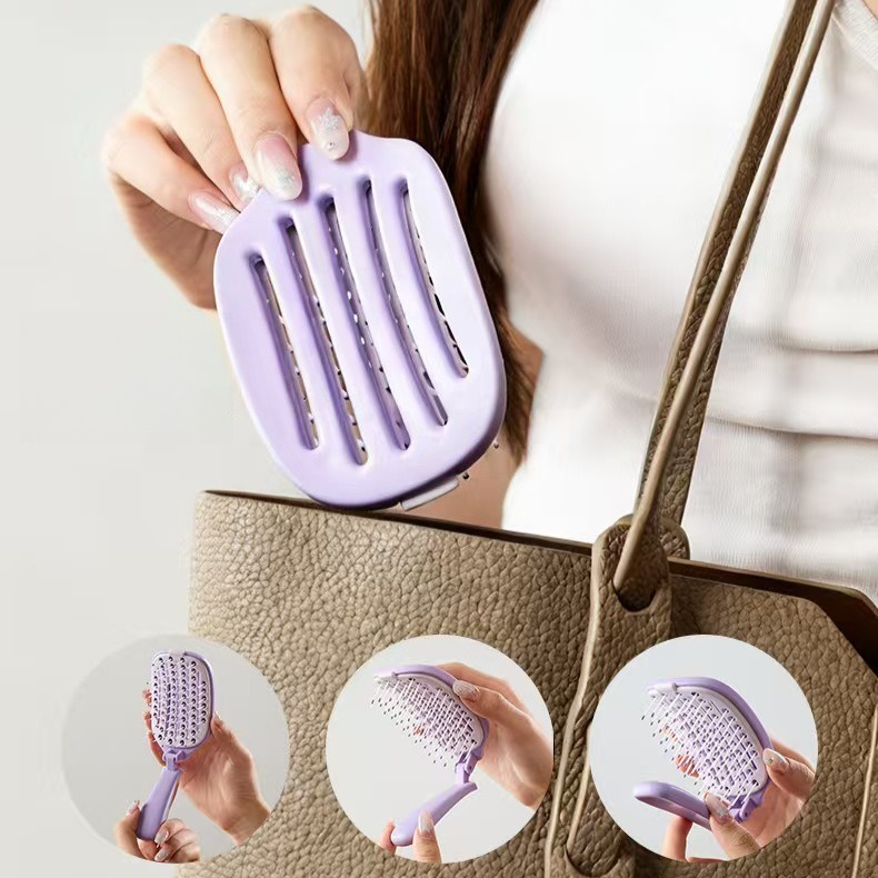 Self-Cleaning Foldable Vent Hair Brush, Portable Detachable Volumizing Scalp Massage Comb—Pink — image 3