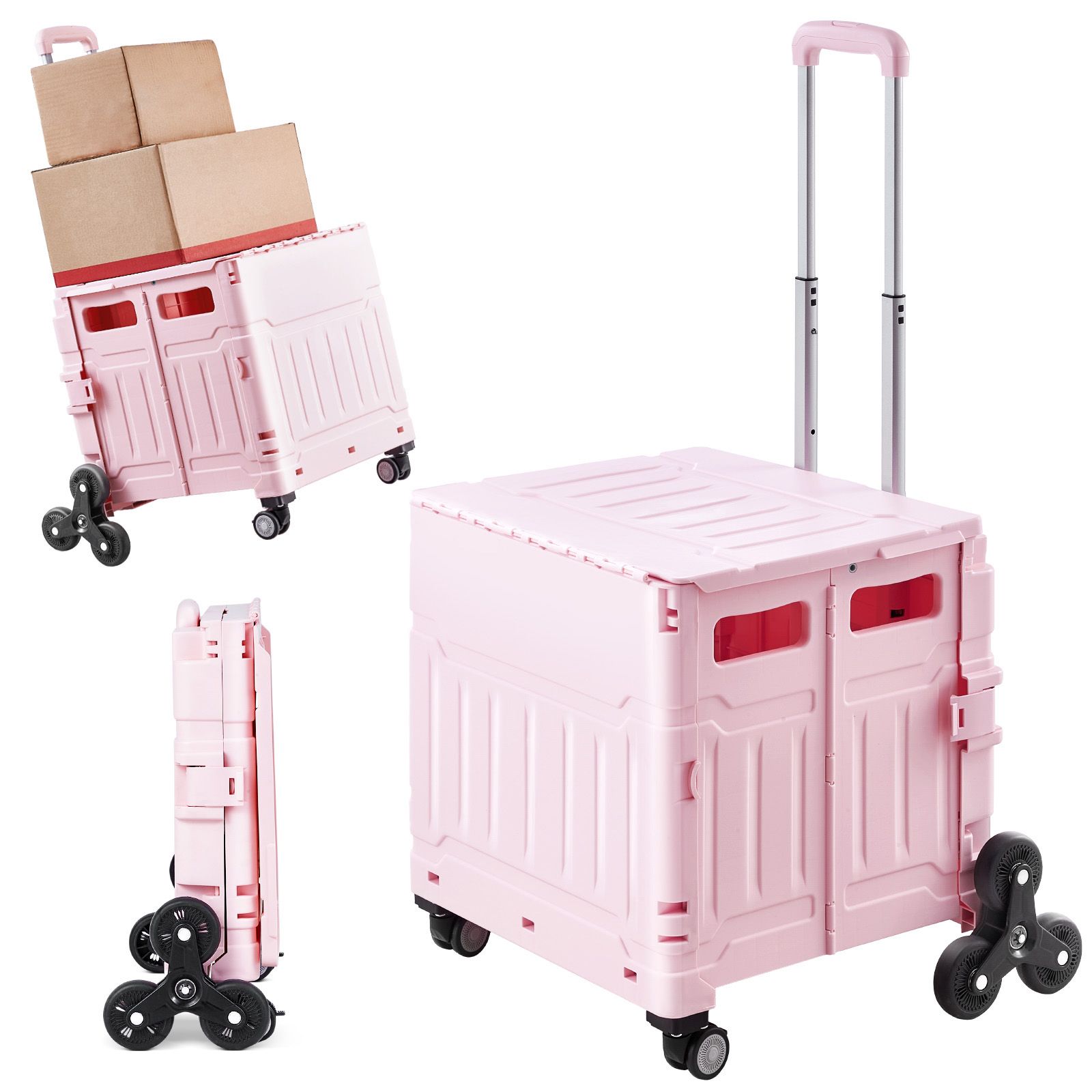 Foldable Utility Cart, 65L Collapsible Portable Crate Rolling Cart with Stair Climbing Wheels & 360° Swivel Wheels, Hand Cart with Telescoping Handle for