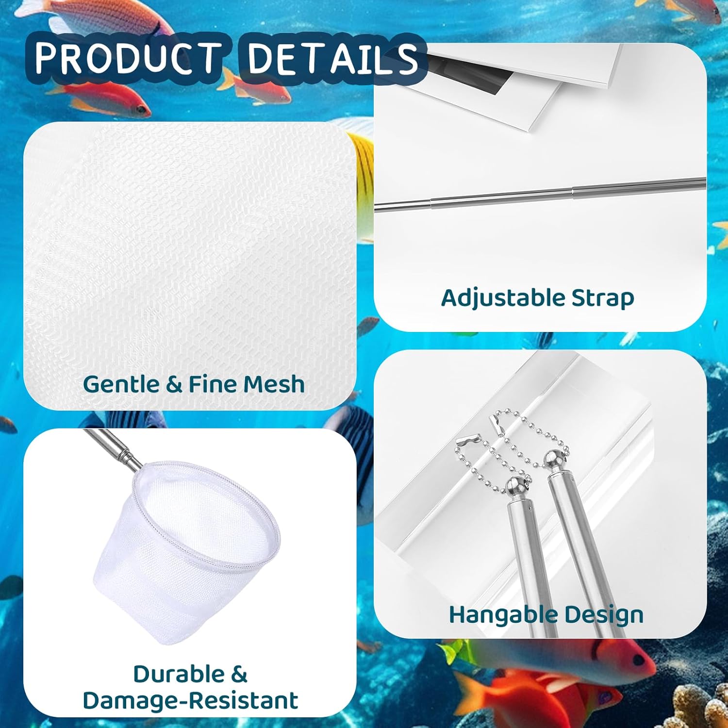 2-Pack Aquarium Fish Net - 3.3In & 2.6in Fishes Tank Shrimp Net Debris Cleaning Tools - Fast-Dry Mesh Scoop with Extendable Handle - Small Fish Net for Fish — image 3