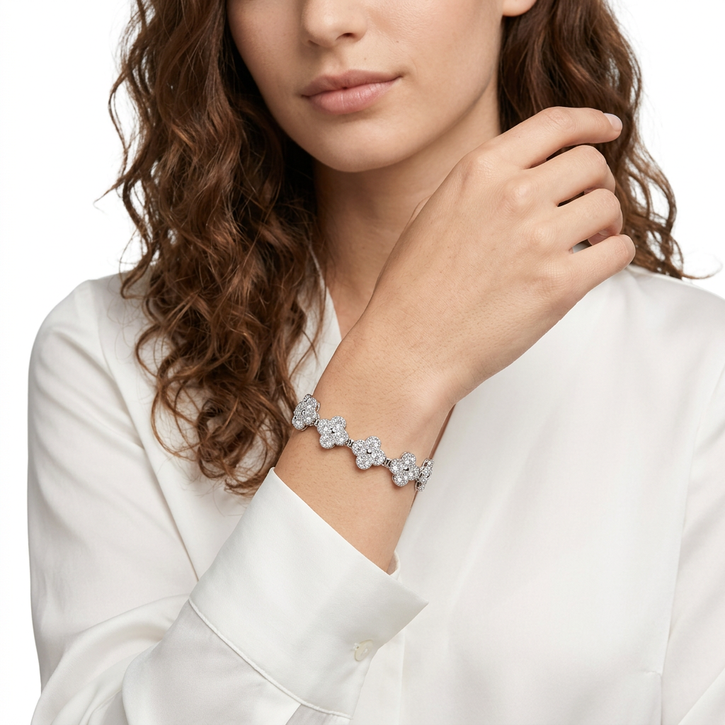 Silver and White Four-Leaf Clover Zircon Bracelet - Gold-Tone Alloy Lucky Charm Wristband with Full Crystal Pave, 22cm Elegant Fashion Jewellery for Women — image 6