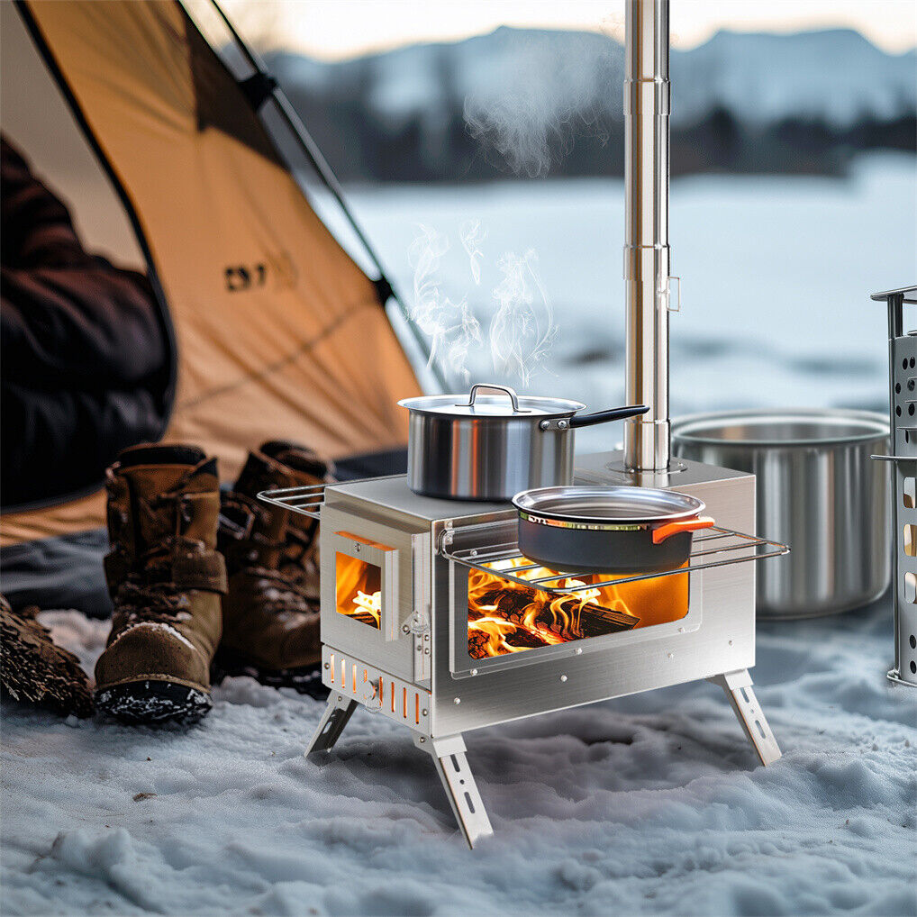 Stainless Steel Wood Burning Stove 1 Burner Camping BBQ with Chimney — image 3