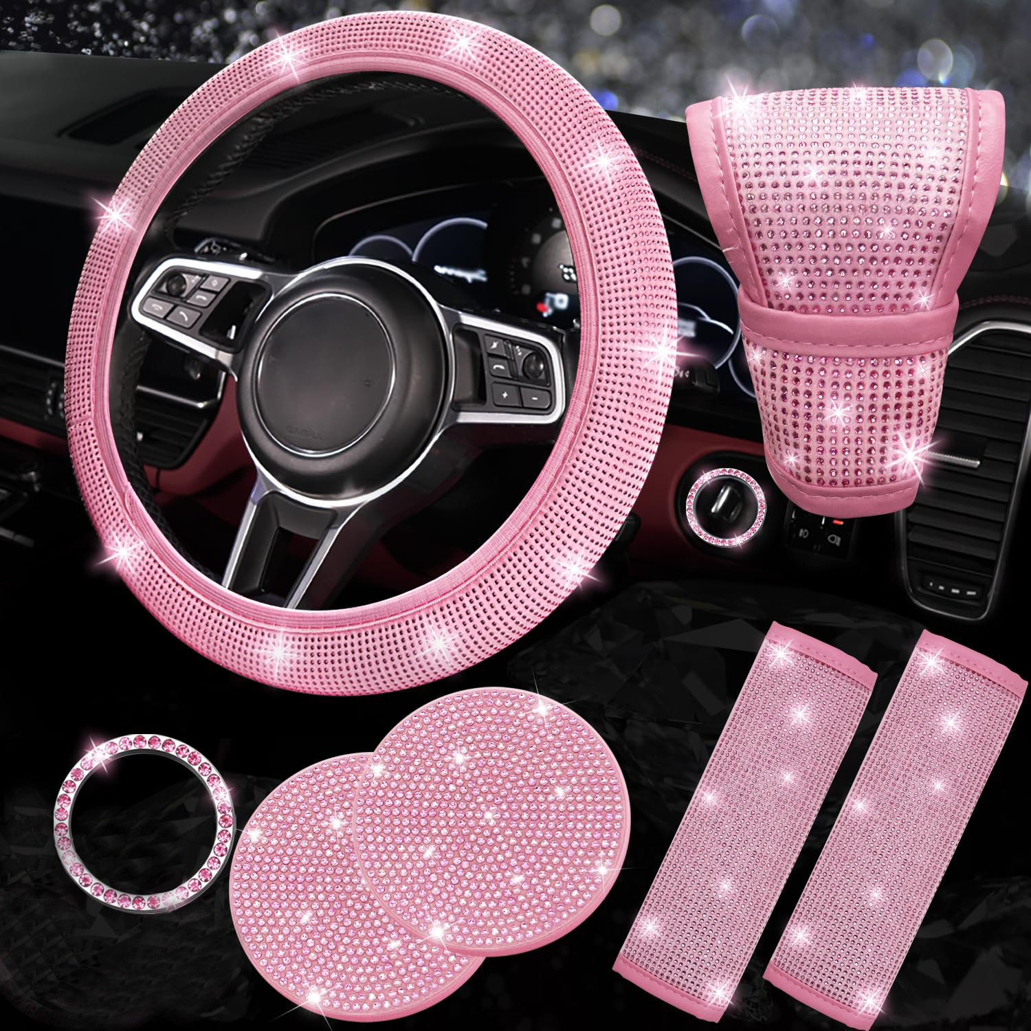 All pink 7-Piece Car Interior Decoration Set โ Crystal Rhinestone Steering Wheel Cover, Gear Shift Cover, Seat Belt Pads, Cup Coasters & Ignition Switch Cover