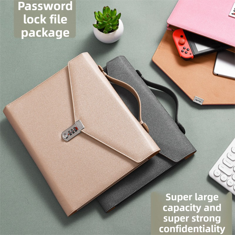 Champagne Anti-Theft Document Organizer with Secure Password Lock - Waterproof PU Leather Confidential File Bag — image 2