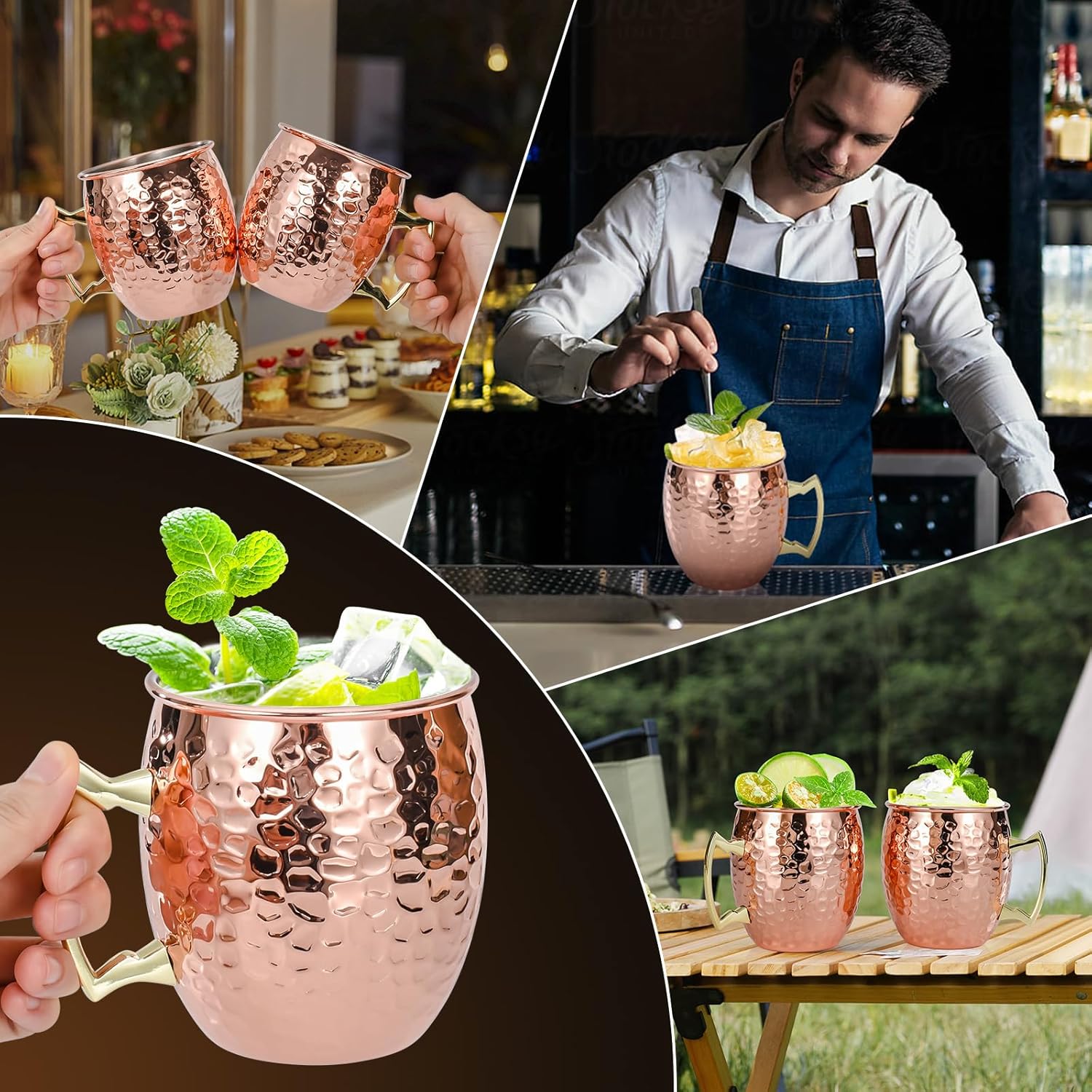 Moscow Mule Mugs Set of 4, 16 OZ Hammered Copper Cups with 304 Stainless Steel Lining and Gold Brass Handles, for Cold Drinks, Beer, Wine, Bars, Parties โ image 6