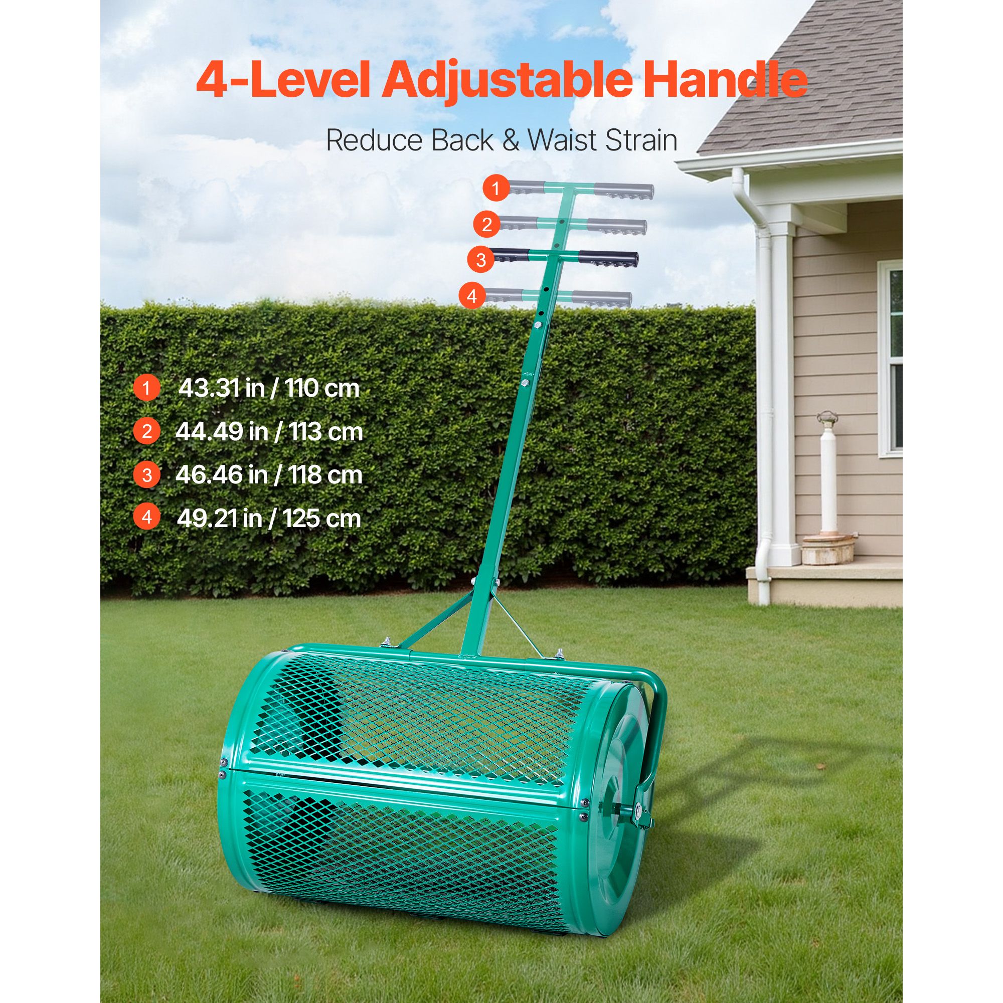 Compost Spreader, 24 in Wide Peat Moss Spreader with Push/Tow Handle, 4 Heights Adjustable, Powder-Coated Steel Garden Peat Moss Roller, Heavy Duty Grass Seed — image 3