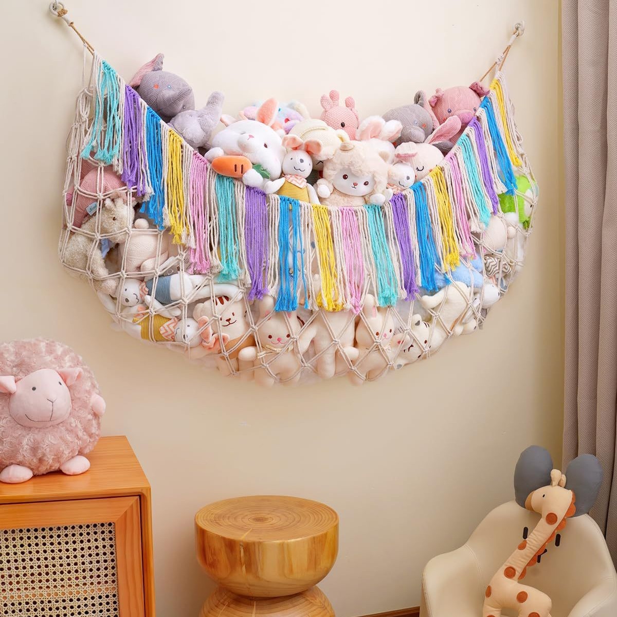 White Hand-Woven Cotton Rope Plush Toy Hammock - Wall Organizer with Tassels, Decorative Toy Net (150 × 40cm) — image 2