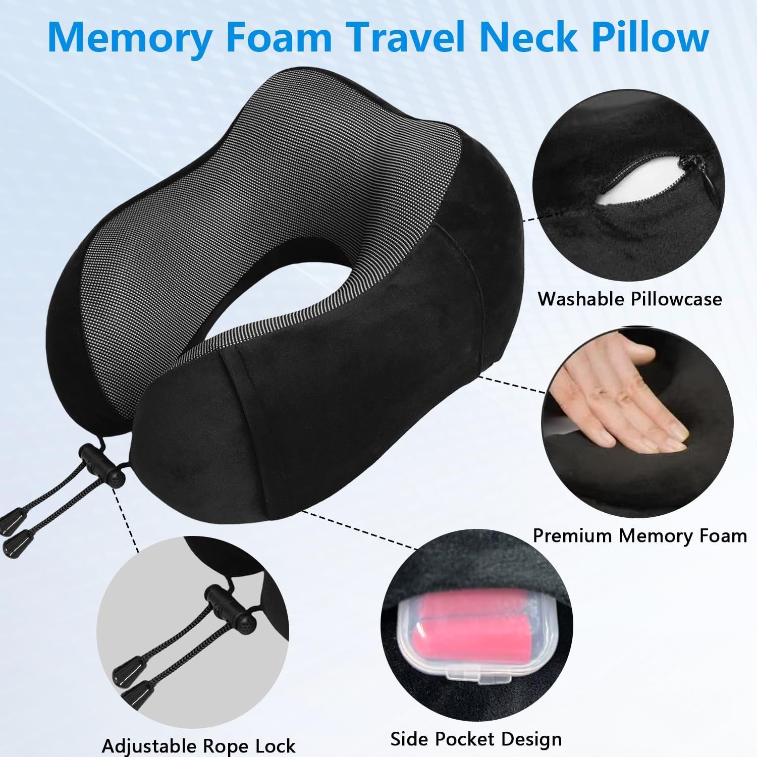 Memory Foam Travel Neck Pillow with Adjustable Buckle, Washable Cover, Eye Mask and Earplugs for Flights, Car Trips and Office Use, Black and Grey โ image 6