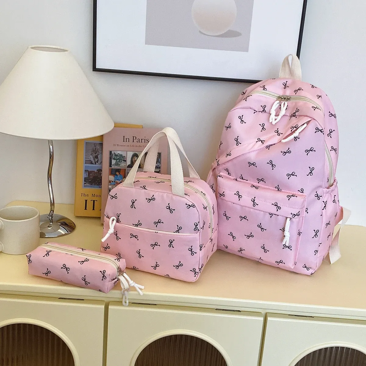 Sweet Bowknot 3-Piece Backpack Set! Large Capacity & Ergonomic Support, Splakpsh-Resistant, Bacack+Tote+Pencil Case, Perfect Gift for School/ blue — image 4