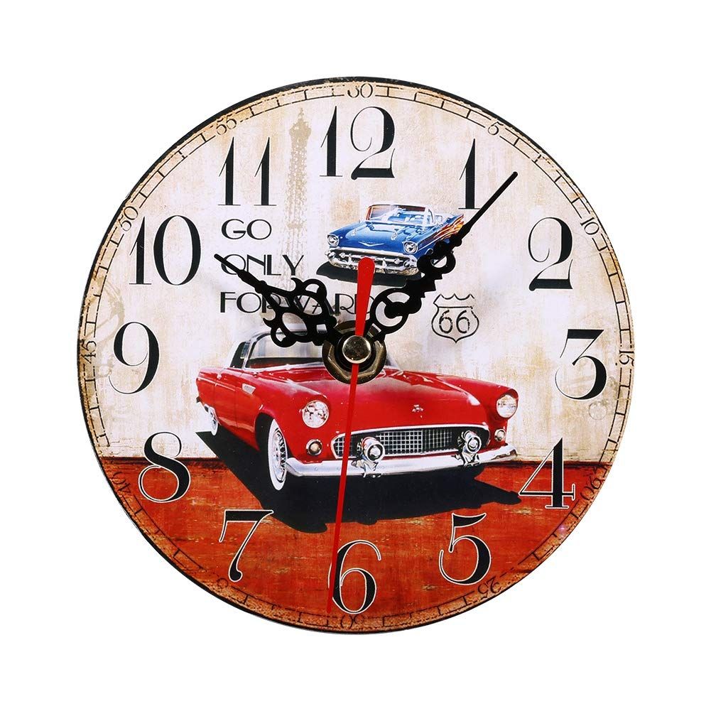 Retro Wooden Round Wall Clock,12CM 4.7" Antique Vintage Pattern Non -Ticking Silent Wall Clocks for Home Office Bar Club Decoration