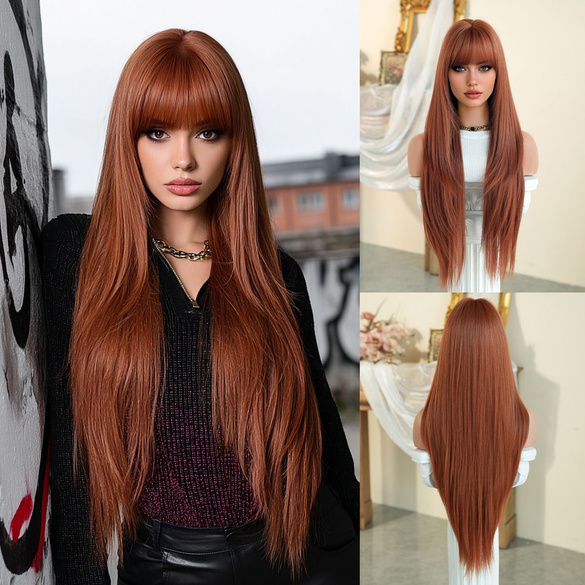High-Density Synthetic Wig Heat-Resistant Wig Tea-Colored Wig Long Straight Wig - Maple - leaf Orange - Size 85cm-33inch