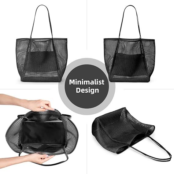 Beach mesh tote bag, foldable summer hobo bag for women, sand-proof, large shoulder bag, 35*17*37cm, vacation, travel, picnic, and shopping(Bla — image 6