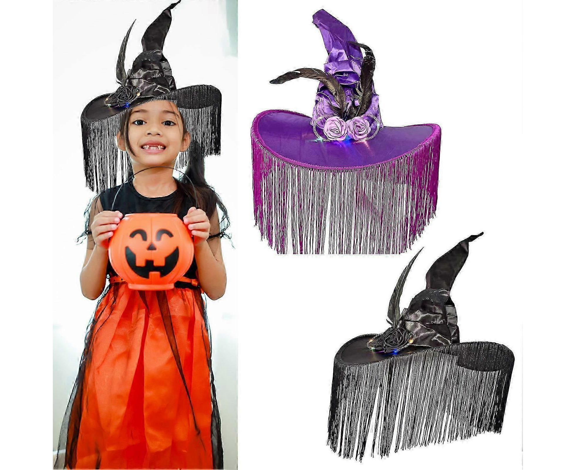 Halloween Witch Hat Wide Brim Tassel Wizard Hat With Artificial Rose Women Halloween Costume Accessory-Purple — image 2