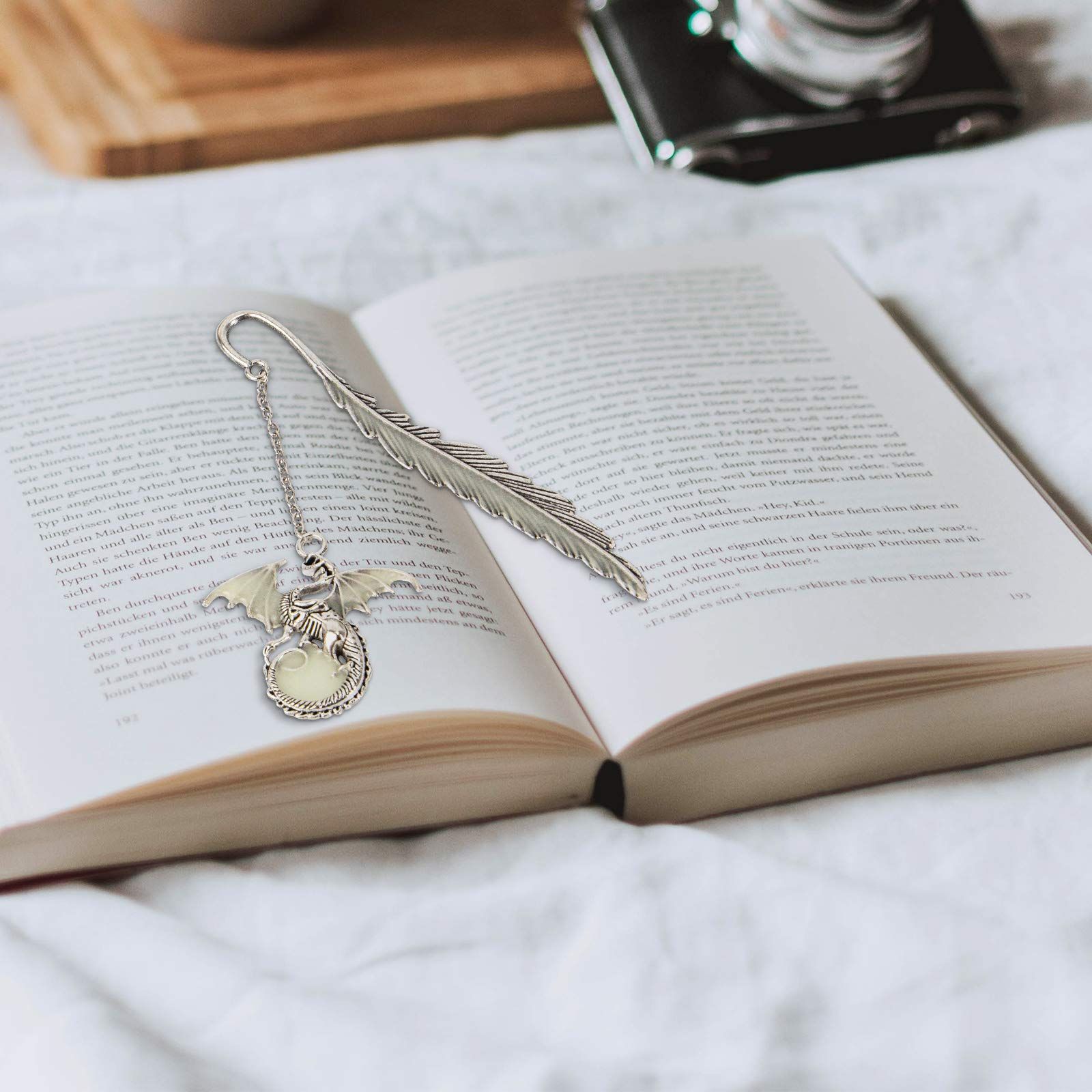 Vintage Feather Metal Bookmark, Unique Glow in The Dark Bookmark Gift for Men Women (Antique Silver Dragon) โ image 3