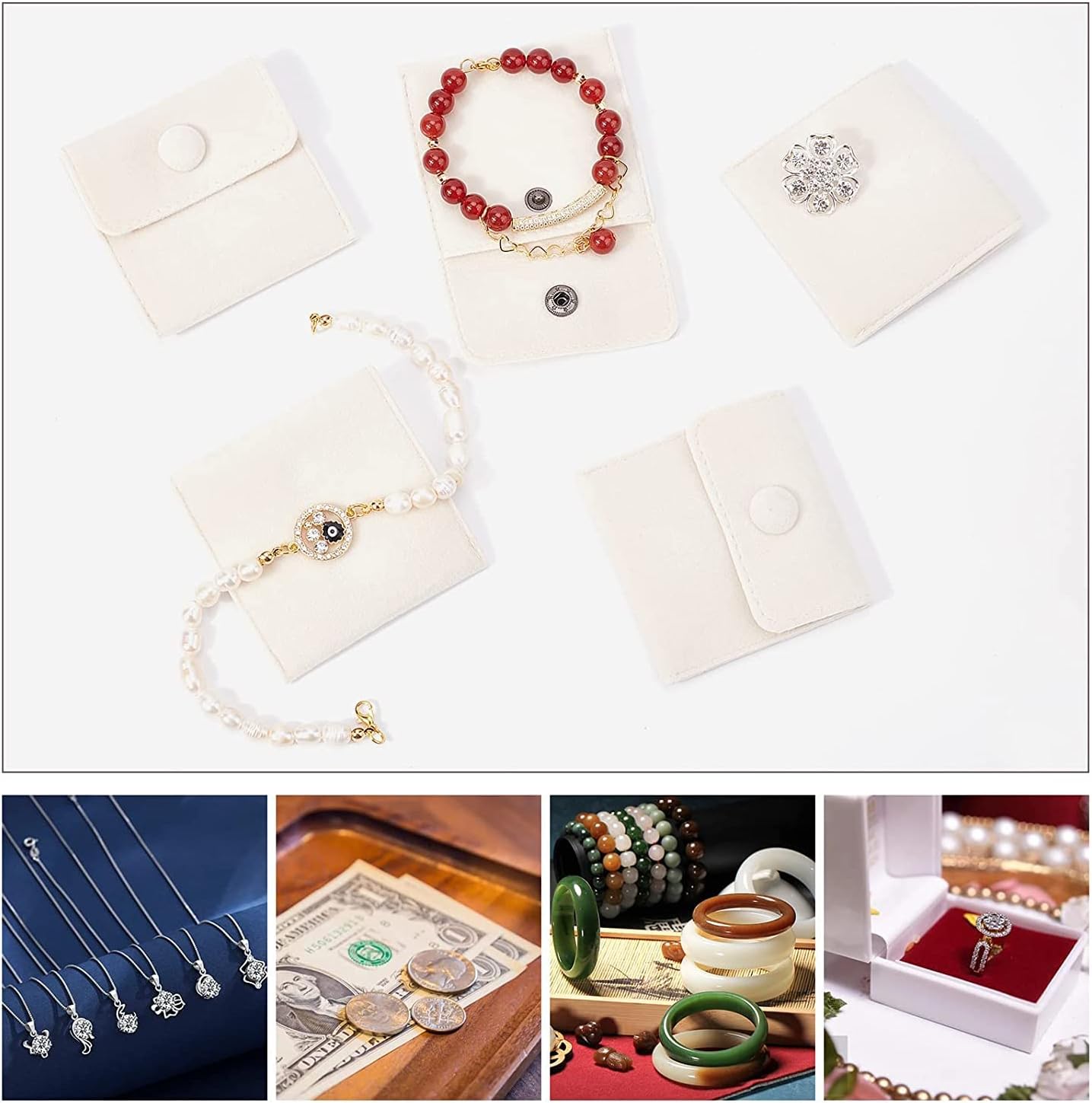 6 Pcs Velvet Jewelry Pouches with Snap Button, Off-White Velvet Jewelry Storage Bags Luxury Gift Bag for Candy Gift and Jewelry Necklace Bracelet Packing — image 5