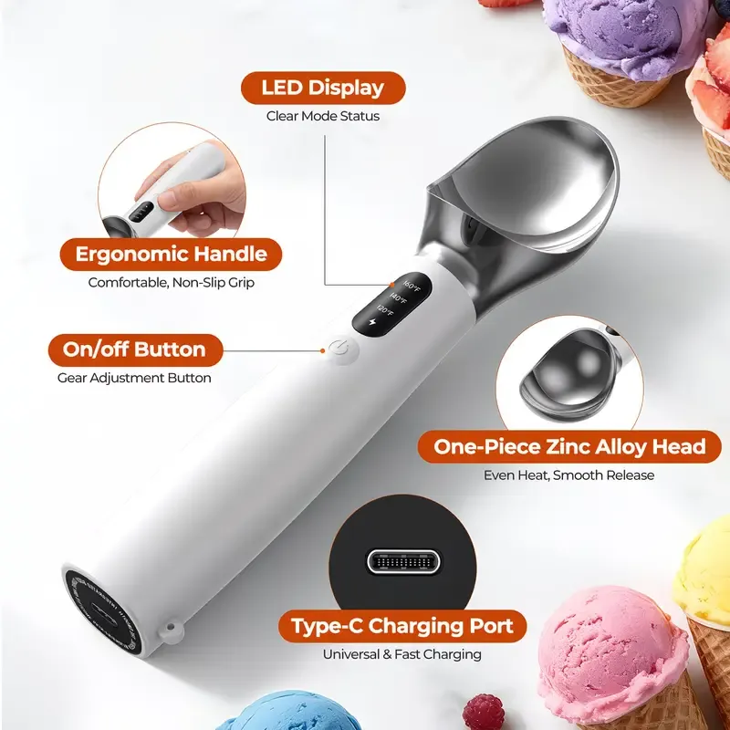 Rechargeable Smart Heated Ice Cream Scoop, 3 Temperature Settings for Quick Scooping, Zinc Alloy Head with Silicone Handle, Type-C Charging — image 3