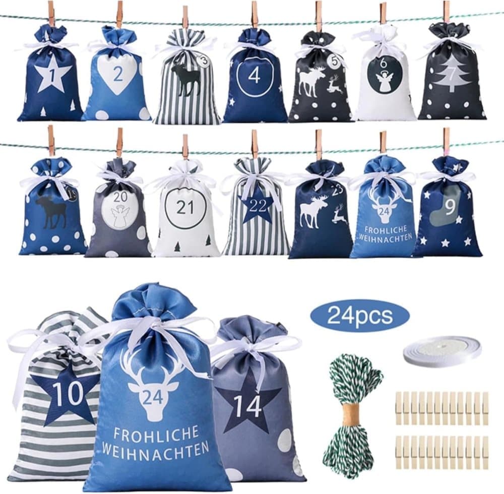 24 Christmas Calendar Bags, DIY Advent Calendar with Hanging Bags, Reusable Christmas Gifts, Blue — image 2