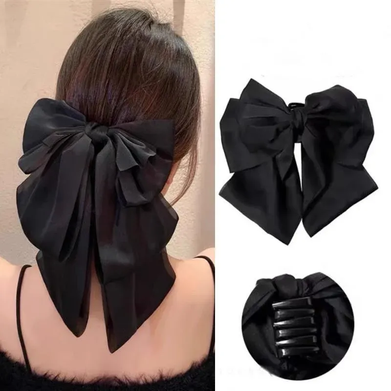 Women Girls Elegant Long Bow Hairpin Large Ribbon Hair Clip Hair Accessories - Black โ image 4