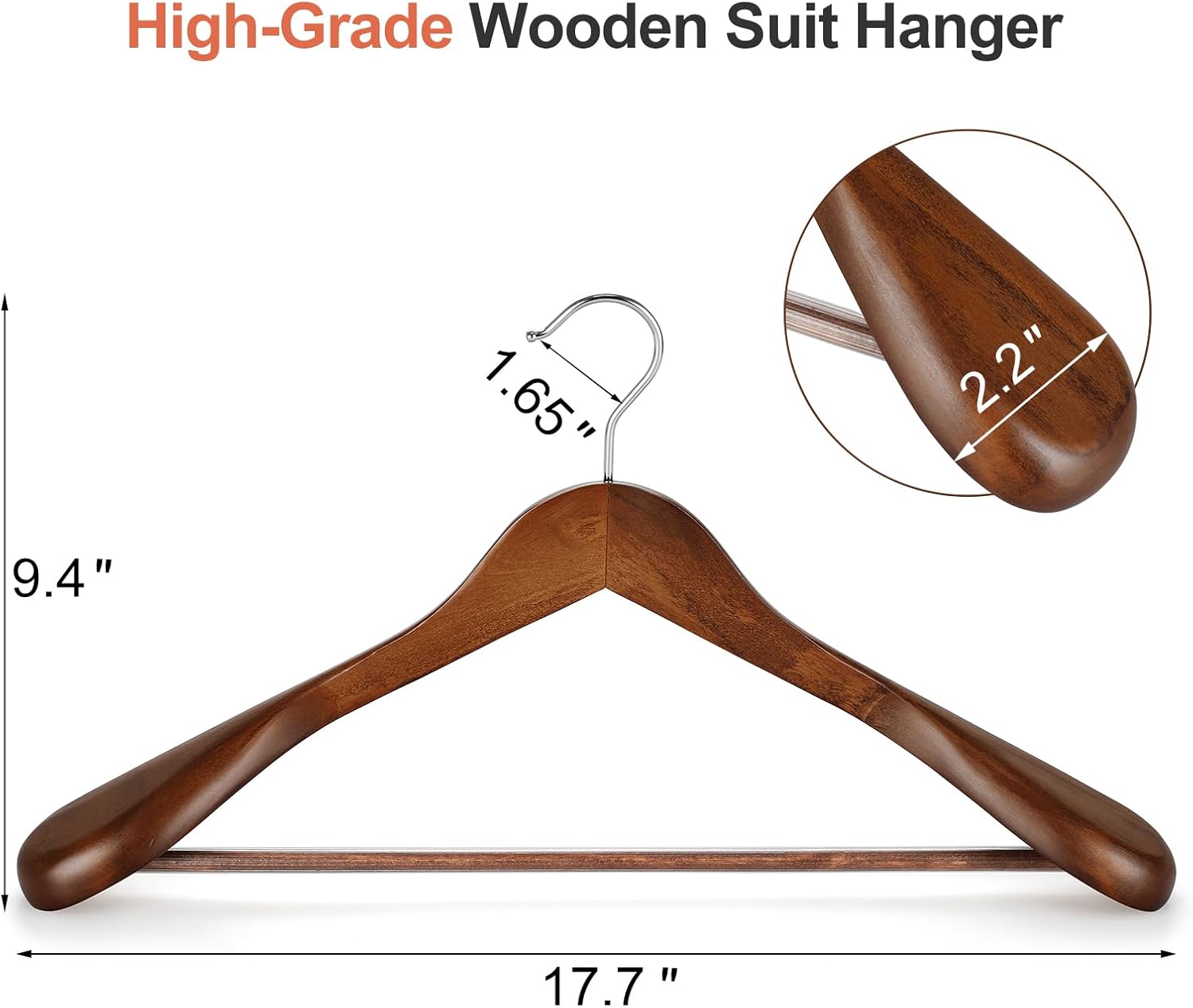 TOPIA HANGER Wide Shoulder Wooden Hangers, Suit Hangers with Non Slip Pants Bar & 360° Swivel Hook, Solid Wood Heavy Duty Coat Hanger, 6 Pack (Walnut)-CT02WA — image 2
