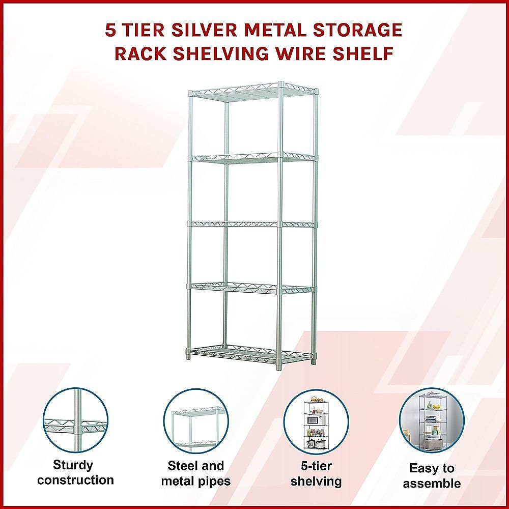 5 Tier Silver Metal Storage Rack Shelving Wire Shelf — image 4