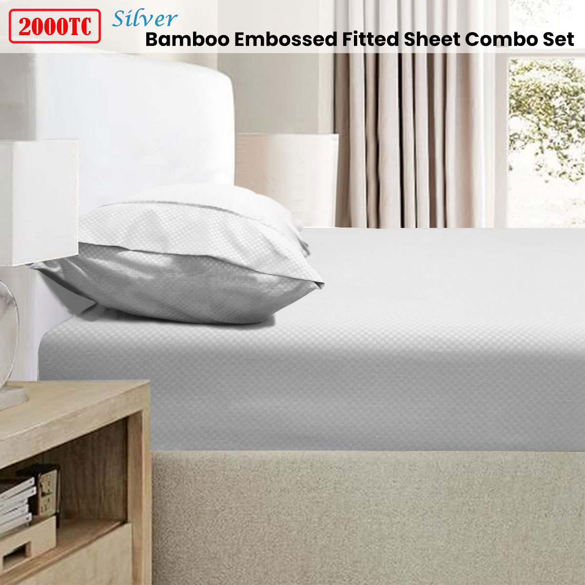 Ramesses 2000TC Bamboo Embossed Fitted Sheet Combo Set Silver King — image 2