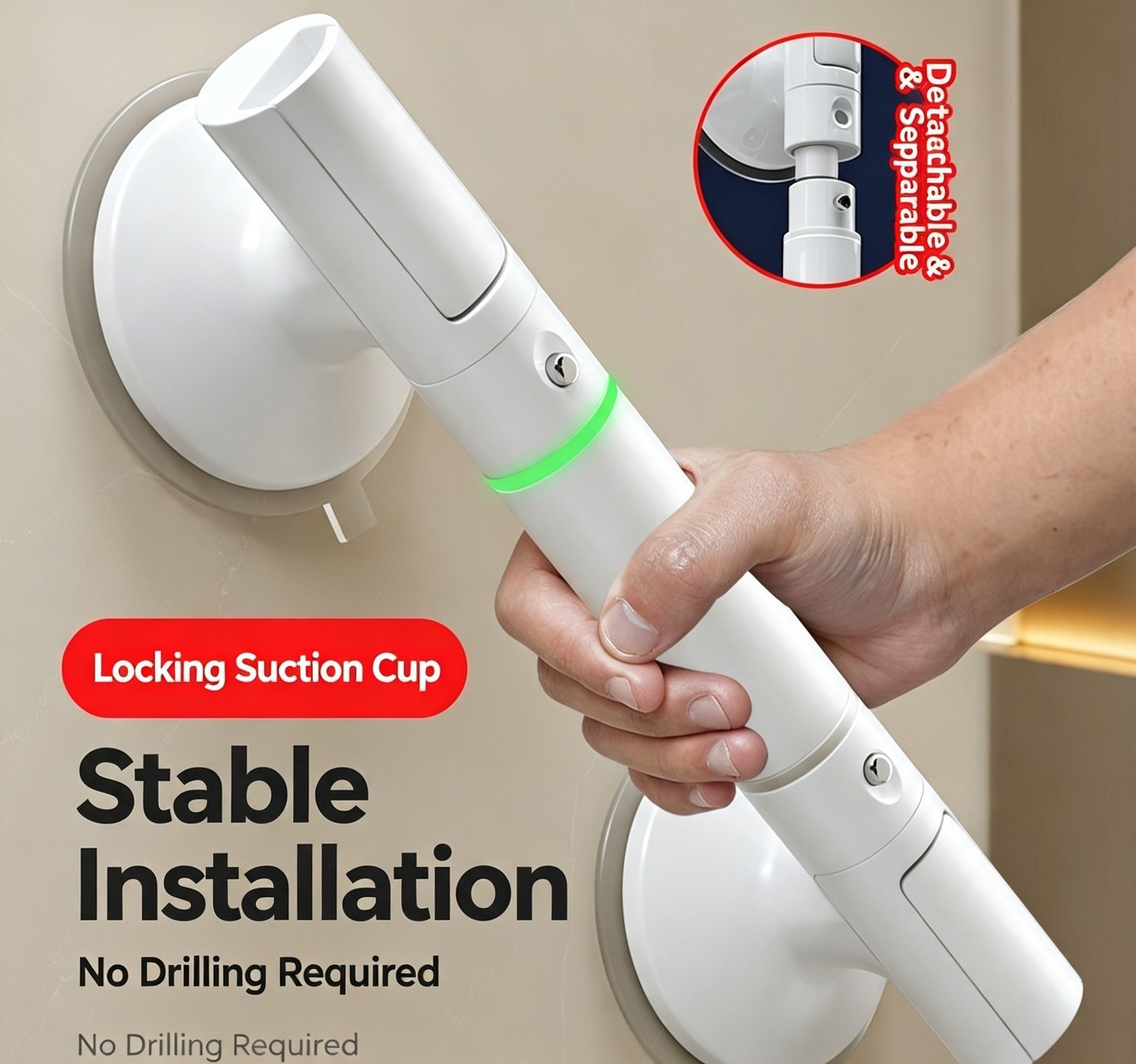 Suction Cup Bathroom Safety Handle, Removable Anti-Slip Grab Rail For Shower & Toilet, White, Easy Install Portable Balance Support Bar ā image 2