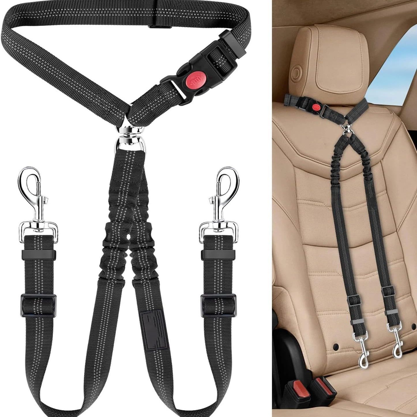 2pcs Double Dog Seat Belt, New Dual Pet Car Headrest Restraint Safety Seatbelt No Tangle Dog Leash Duty Adjust Elastic Bungee Puppy Lead Splitter Connect β image 5