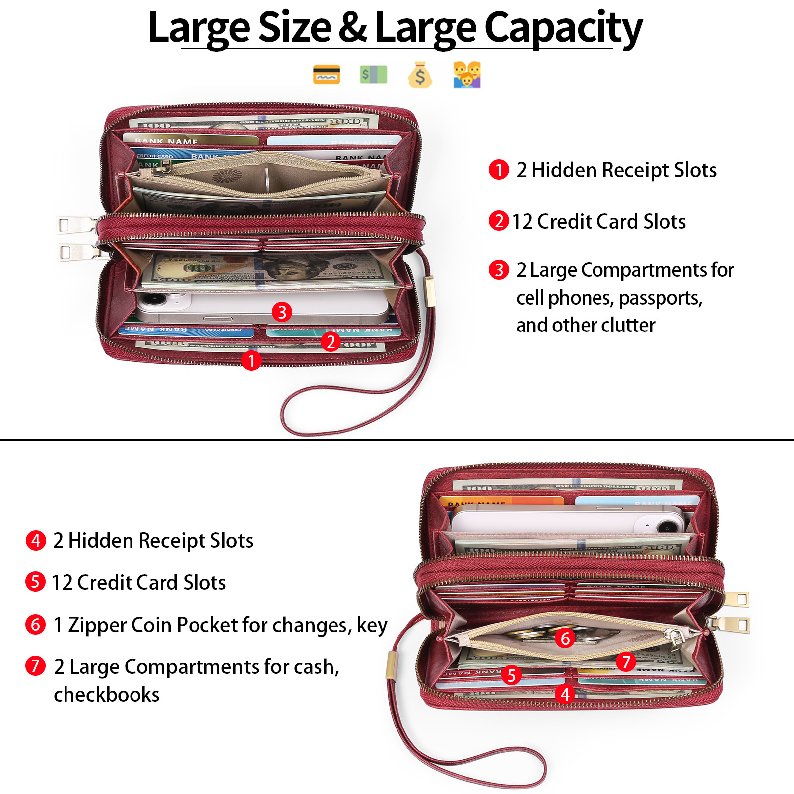 Brown Double Zipper Women's Wallet - Large Capacity Clutch Organizer with Wristlet Strap โ image 6
