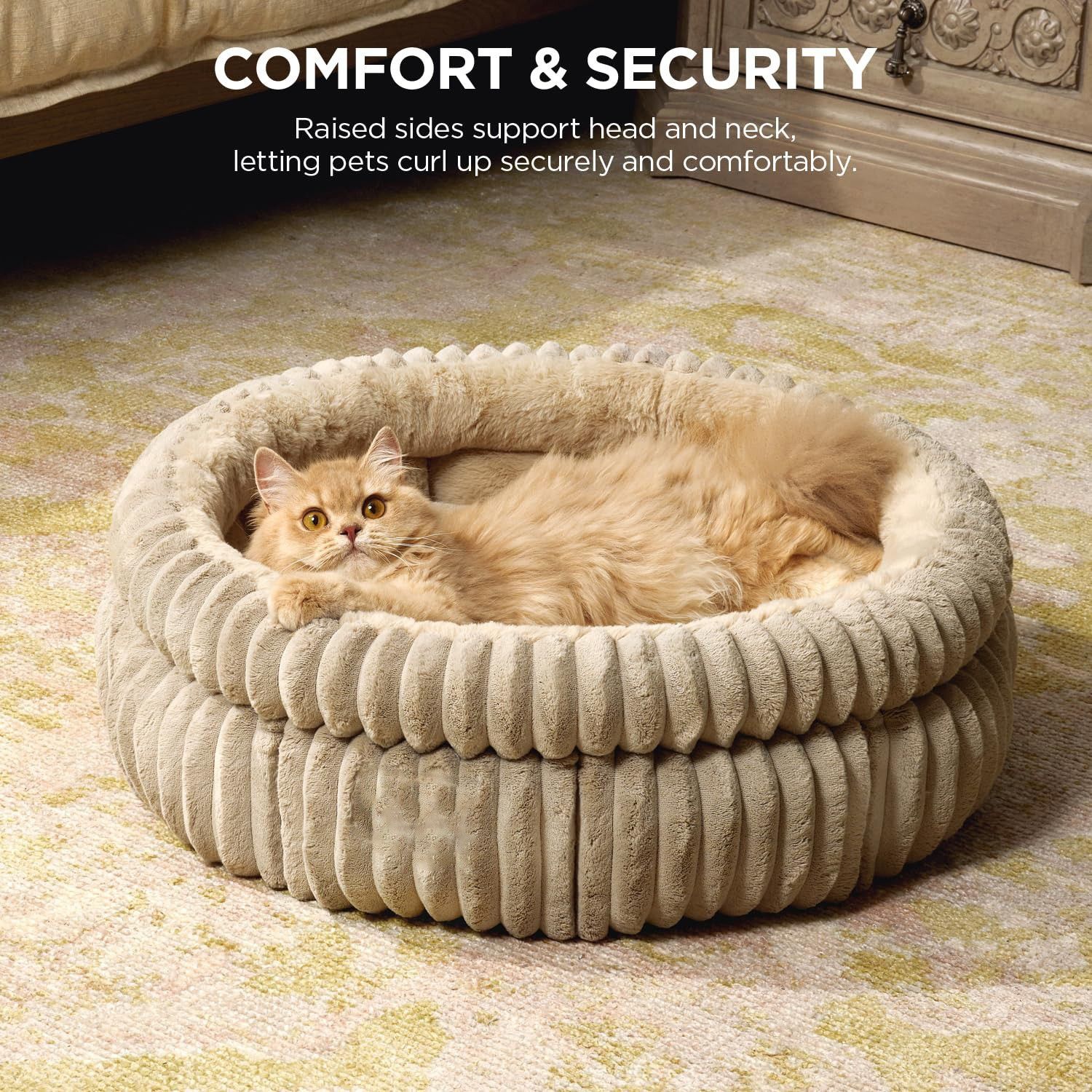 50x50x18 CM Grey Ultra-Soft Thickened Round Pet Bed with Stripe Texture - Plush Self-Warming Donut Nest for Cats and Small Dogs โ image 2