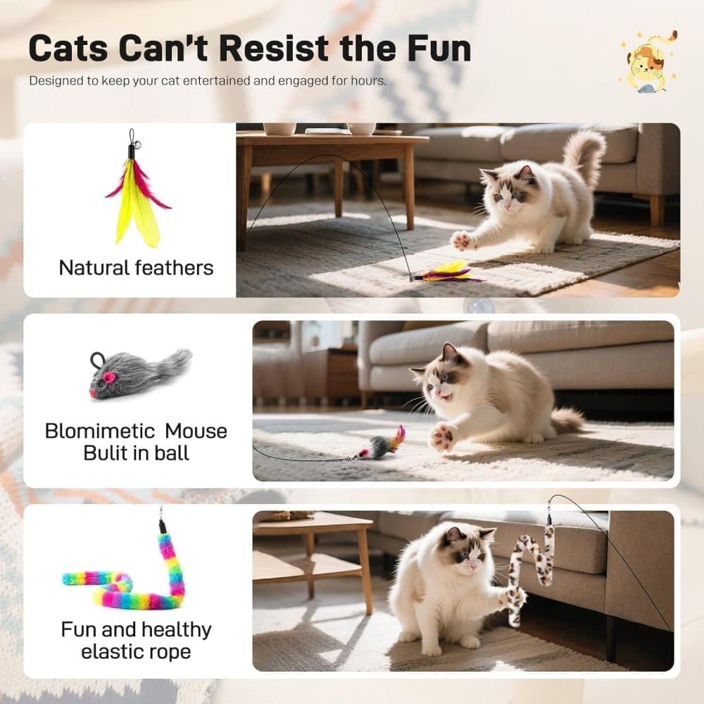 17PCS Cat Toy Set with Fishing Rod, Suction Cup, Feathers and Insects, Eco-Friendly Indoor Cat Toys — image 6