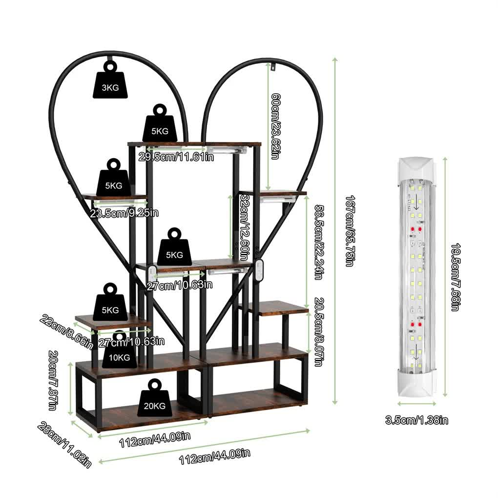 P&P Black & Brown Heart-Shaped Plant Stand with USB Grow Lights for Indoor Plant Display — image 5