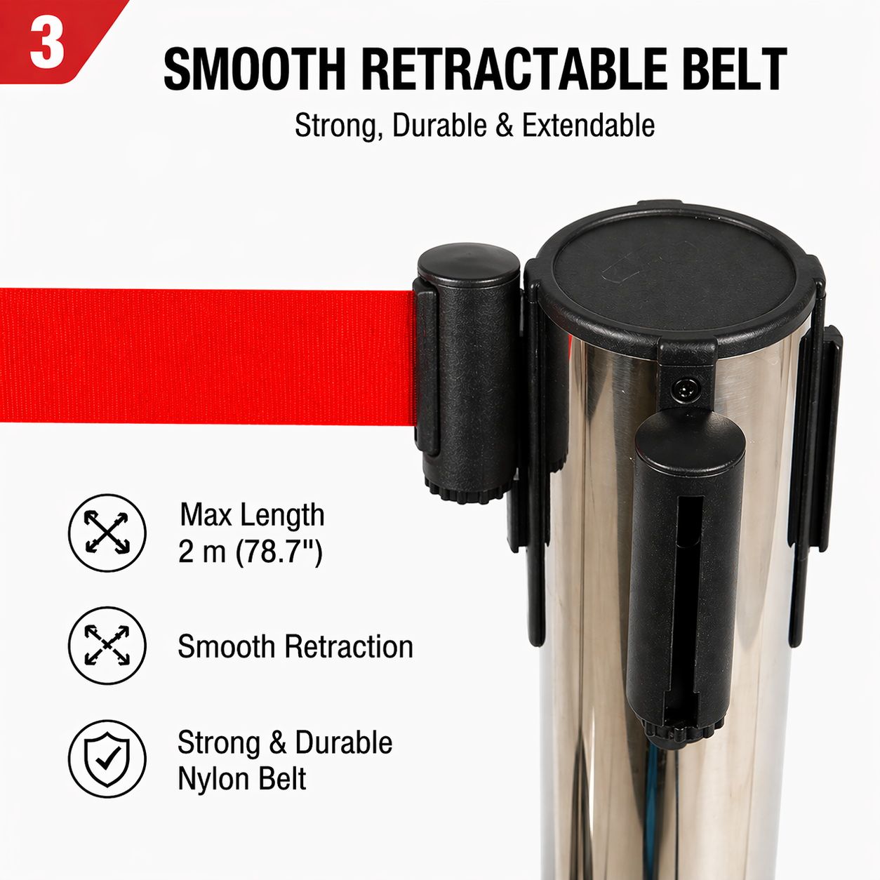 2 Pack Queue Barrier Stanchion Posts Retractable Belt Crowd Control Safety Barrier Silver Red โ image 4