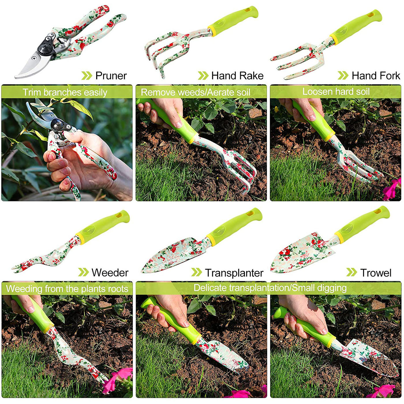 Green 9-Piece Floral Garden Tool Set for Women – Complete Gardening Kit with Tote Bag, Pruners, and Gloves — image 2