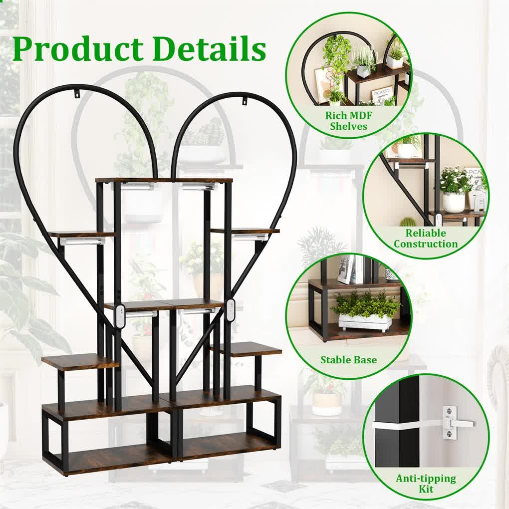 P&P Black & Brown Heart-Shaped Plant Stand with USB Grow Lights for Indoor Plant Display — image 4